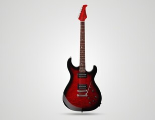 Obraz premium An elegant electric guitar showcasing a deep red finish against a soft gray backdrop.