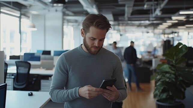 A marketing manager coordinating intricate campaign details on a mobile device, surrounded by the vibrant buzz of a bustling office.
