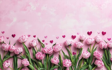 A delightful arrangement of pink tulips surrounded by floating hearts, all set against a soft pink background, radiating love and warmth for Valentine's Day.