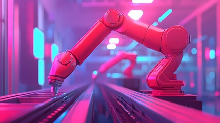 A robotic arm operates in a futuristic, neon-lit environment, showcasing advanced automation technology.