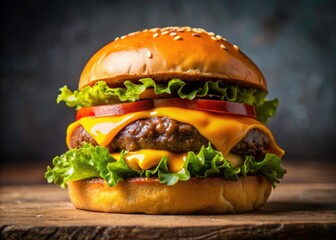 Close-up: succulent patty, molten cheese. Minimalist cheeseburger artistry.