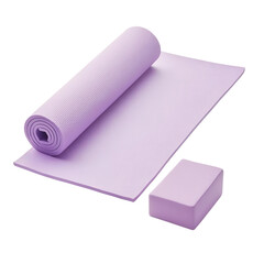 A rolled purple yoga mat and block, perfect for yoga enthusiasts seeking comfort and stability during practice.