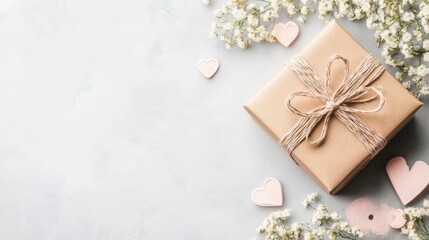 A charming brown box tied with a vibrant bow, surrounded by delicate small hearts, captures the essence of love and celebration for Valentine's Day.