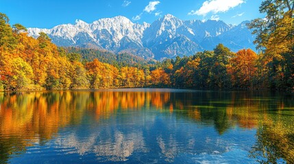 Obraz premium Autumnal Serenity: A Japanese Lake Mirroring Majestic Mountains