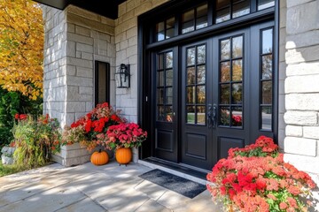 Beautiful autumn entrance with vibrant red flowers and pumpkins, showcasing seasonal decor against a stylish, modern home