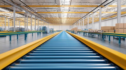 Fototapeta premium A spacious, modern warehouse interior featuring a long conveyor system, illuminated by natural light from overhead skylights.