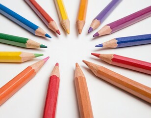 A vibrant array of colored pencils arranged in a circular pattern on a white background.
