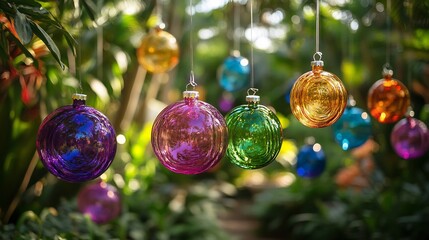 Vibrant glass ornaments hang delicately amidst lush green foliage bathed in soft sunlight. AI Generated