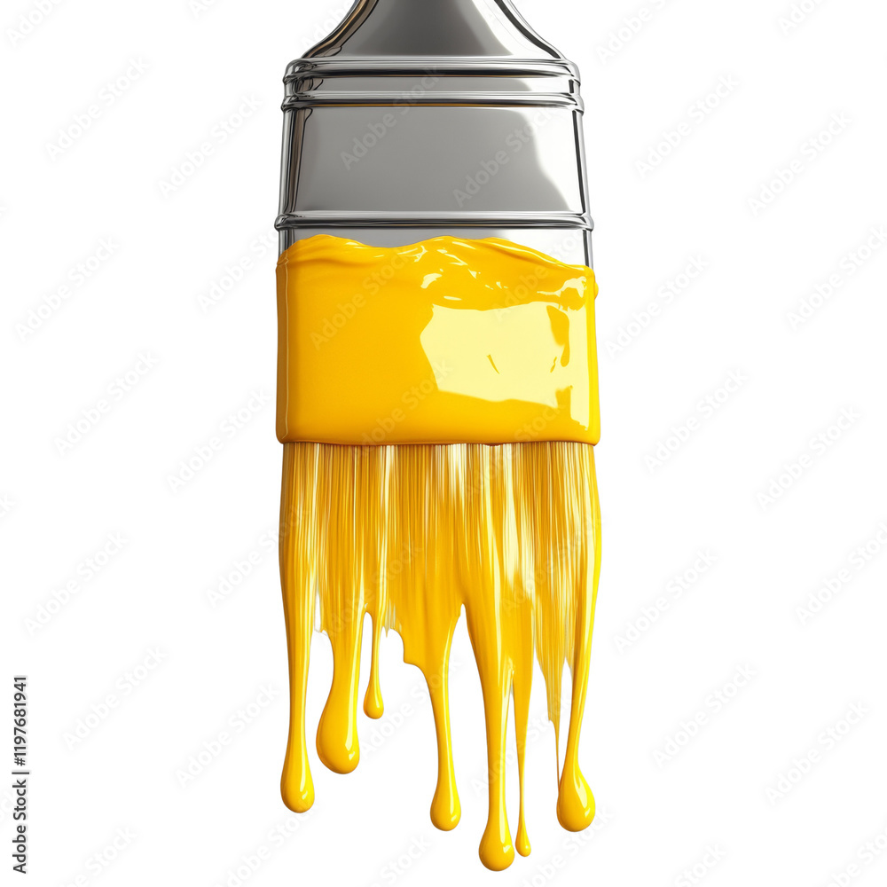Poster a close-up view of a paintbrush with bright yellow paint dripping from its bristles against a black 