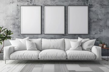Modern living room interior design featuring white sofa and posters, frames on a stylish gray wall for a contemporary look.