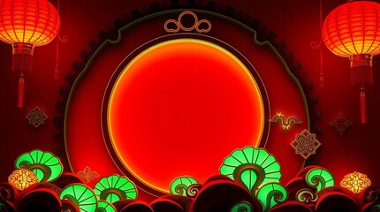 Obraz premium Chinese New Year 2025 Banner – Traditional Red Greeting Card with Lanterns and Circle Frame for Product Display, cultural Chinese design, Lunar new year