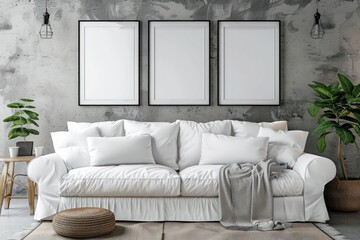 Interior design of a modern living room with a white sofa and posters, frames displayed on a chic gray wall.