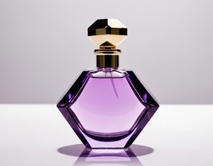 Elegant purple perfume bottle with a stylish golden cap, exuding luxury and sophistication.