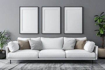 Contemporary living room interior design with white sofa and posters, frames on a sleek gray wall for a modern aesthetic.
