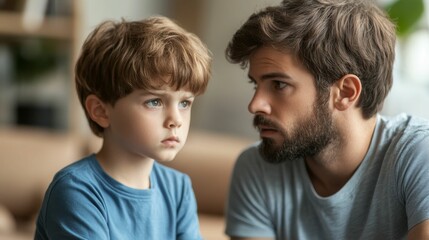 Obraz premium Serious man and child closely looking at each other.