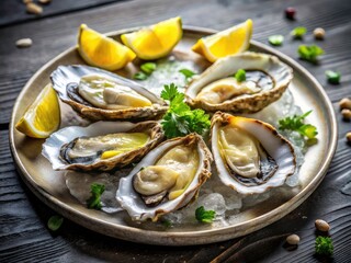 Fresh oysters, gleaming on the half shell.  A macro lens reveals the ocean's delicate treasure. Oyster season's peak.