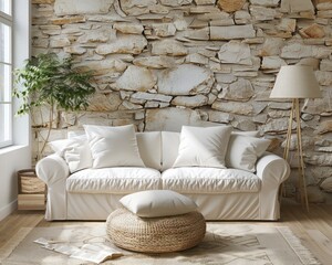 White sofa with beige pillows and floor lamp against a window near a stone cladding wall in the interior design of a modern Mediterranean home.