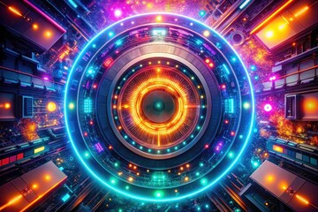 Futuristic aerial drone shot; colorful digital circle creates abstract cyber art in high resolution.