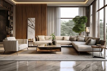 Fototapeta premium Modern living room design with elegant furnishings and natural light