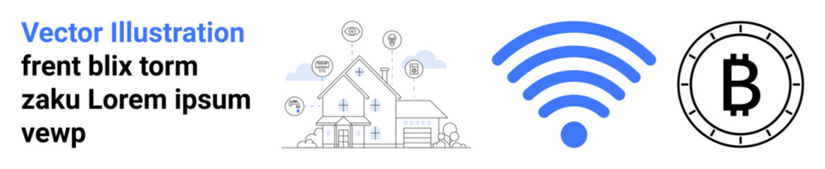 House with various technology connections, large blue wireless symbol, Bitcoin currency symbol. Ideal for smart homes, IoT, wireless networks, cryptocurrency, digital finance, wireless technology
