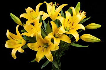Obraz premium A vibrant bouquet of fresh yellow lilies in full bloom with long green stems and buds