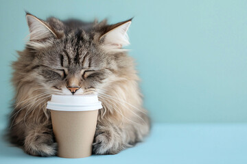 Funny sleepy cat with messy fur holding a cup of coffee against a teal background. Tired cat with tangled fur holding a coffee cup, morning exhaustion, need for caffeine. I hate Mondays concept