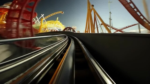Thrilling roller coaster ride at an amusement park on a sunny day with vibrant attractions in the background