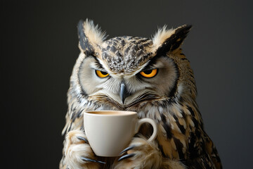 Sleepy tired, grumpy owl with wild feathers, holding a coffee cup, embodying the need for hot coffee or a caffeine and a humorous take on sleepiness. I hate Mondays concept
