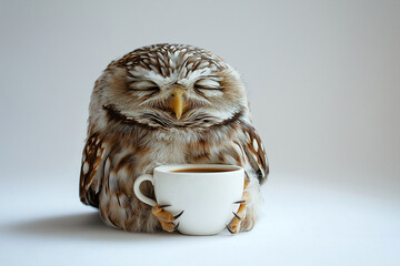 Sleepy tired, grumpy owl with wild feathers, holding a coffee cup, embodying the need for hot coffee or a caffeine and a humorous take on sleepiness. I hate Mondays concept