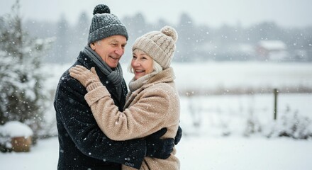 Elderly caucasian couple embracing joyfully in winter snowy landscape