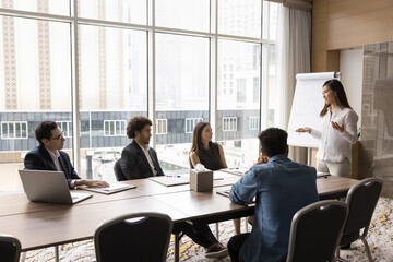 Young Asian executive manager make presentation for corporate clients, investors or shareholders. Group of young multinational office employees take part training event led by female coach. Seminar