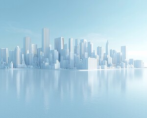 Obraz premium Serene cityscape reflected in calm water under a clear sky.