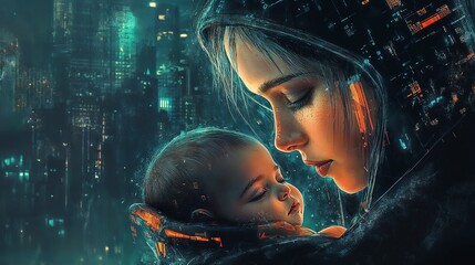 Obraz premium Mother and baby bonding in a futuristic cityscape at night with a serene atmosphere and copy space
