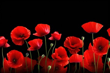 Fototapeta premium Closeup of a vibrant field of poppies swaying in the wind with soft sunlight isolated on black background