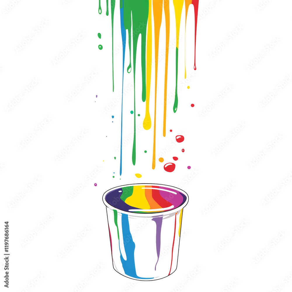 Poster dripping rainbow paint fills a transparent cup creating a visually striking and colorful image.