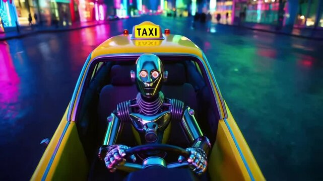 Robot taxi driver sits at the wheel of a yellow taxi