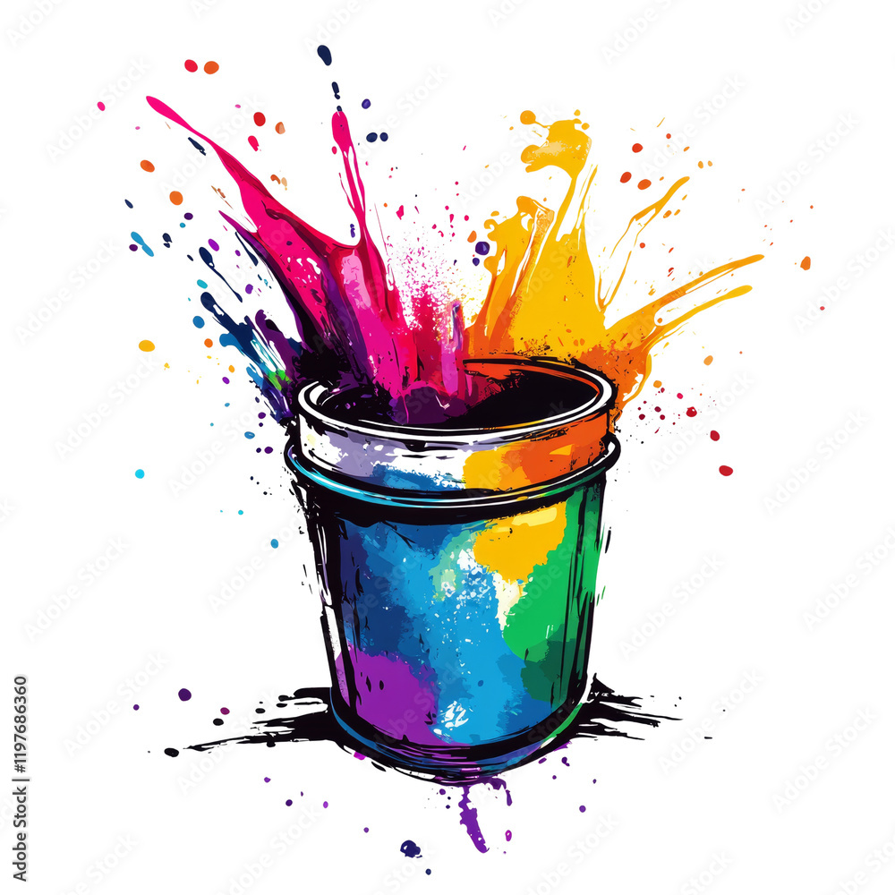 Poster a vibrant digital illustration depicting a paint explosion from a container showcasing dynamic color