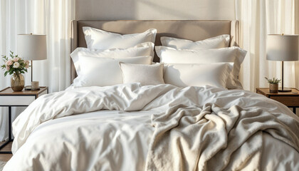 Elegant bed setup with white bedding, sunlight, and refined decor for a premium ambiance.

