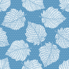 Silhouettes of white leaves and raindrops on blue. Seamless vector pattern. Art stylish nature background. Perfect for design templates, wallpaper, wrapping, fabric, print and textile. 