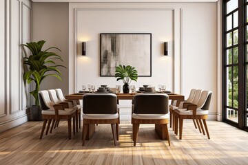 Modern dining room with elegant furniture and natural light in urban setting