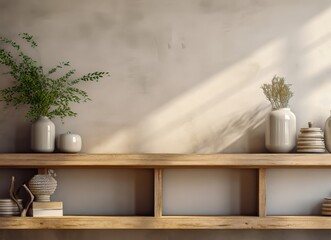 Vibrant vases and shelves adorned with natural elements in sunlight