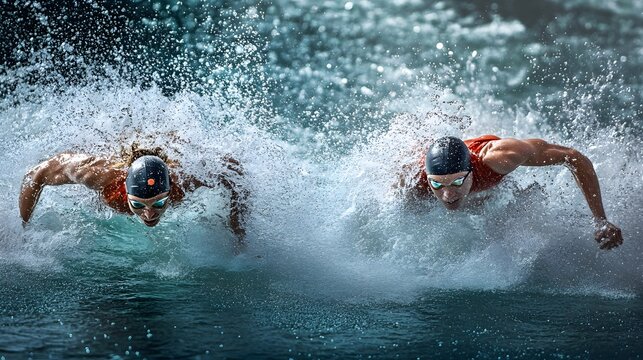 Two competitive swimmers race through splashing water