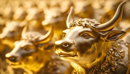 Golden Bull Statues Symbolizing Wealth and Prosperity in a Shimmering Display of Luxury and Abundance for Financial and Economic Concepts