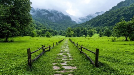 Fototapeta premium A stone pathway with a wooden fence leads through a vibrant green meadow toward misty mountains under an overcast sky.