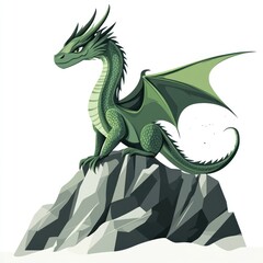 Fototapeta premium Green dragon sits on rock, white backdrop, illustration, for kids' books, games, and animation