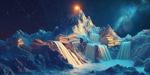 Fantasy mountain landscape with books and waterfalls under starry sky