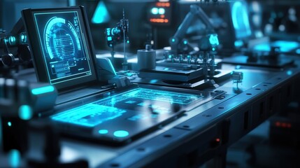 Detailed closeup of a microfactorys tool station where specialized equipment is organized efficiently allowing for quick swaps between different manufacturing tasks.