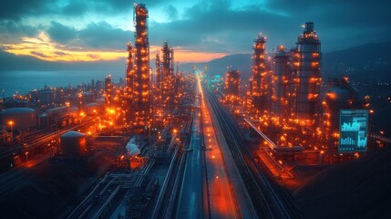 Fototapeta premium Nightfall at the Refinery: An Aerial View of Industrial Grandeur