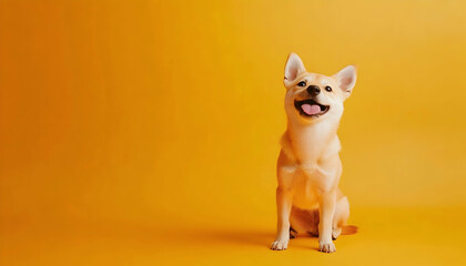 happy shiba inu dog posing against a vibrant orange-yellow backdrop, capturing joy and cuteness -