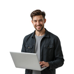 Happy young man using a laptop, smiling